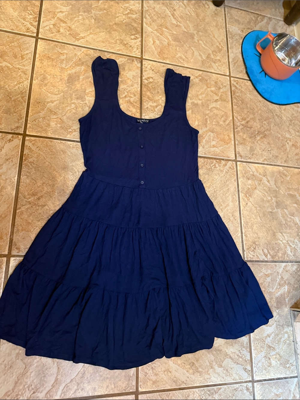 VENUS Navy Tiered Scoop-Neck Midi Dress with Buttons